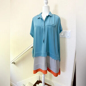Diane Von Furstenberg Tricolor Short Sleeve Oversized Shirt Dress size P silk